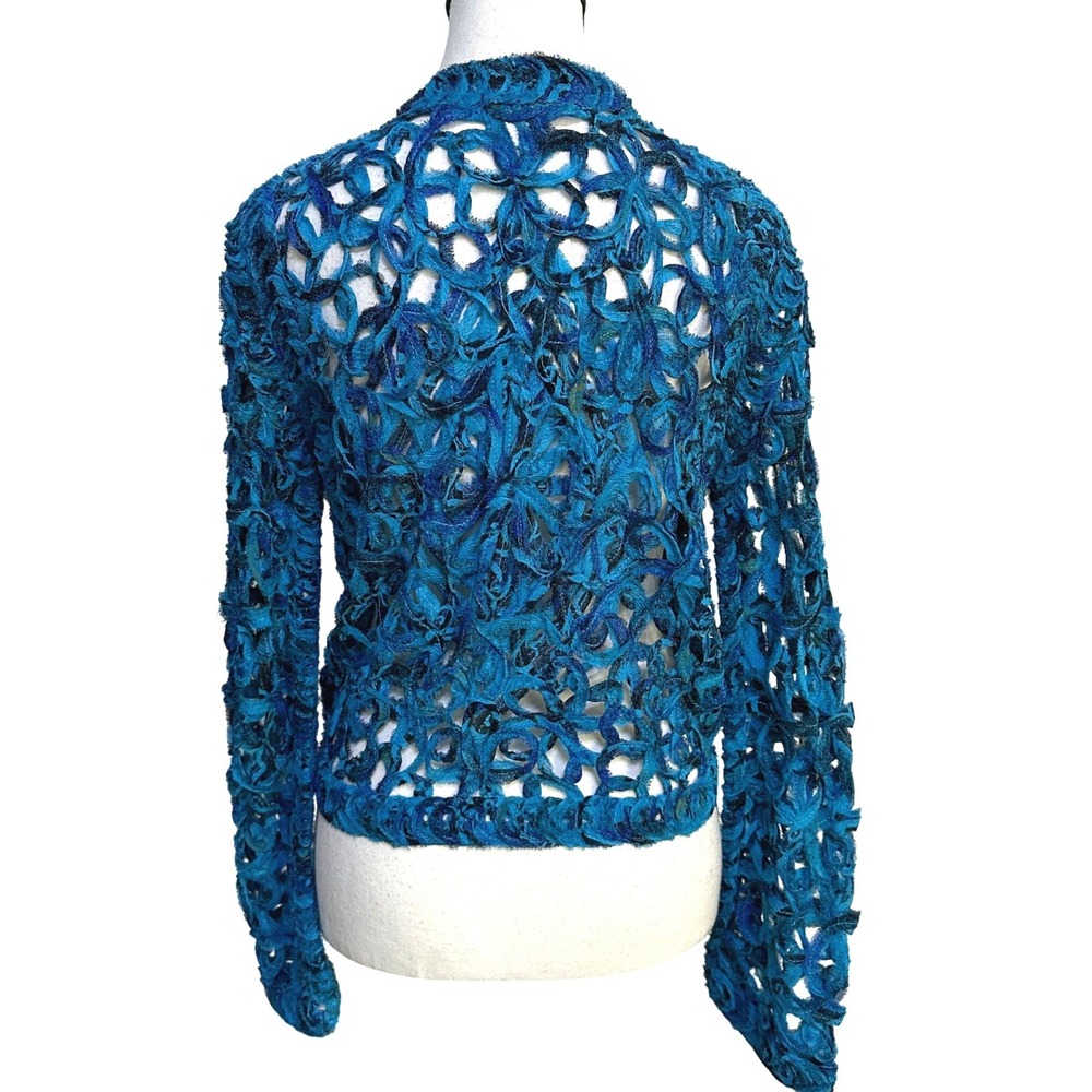 Chico's Silk Jacket Sz 0 S Talula Flower Bell Open Knit Boho Mermaidcore Artsy - Picture 2 of 12